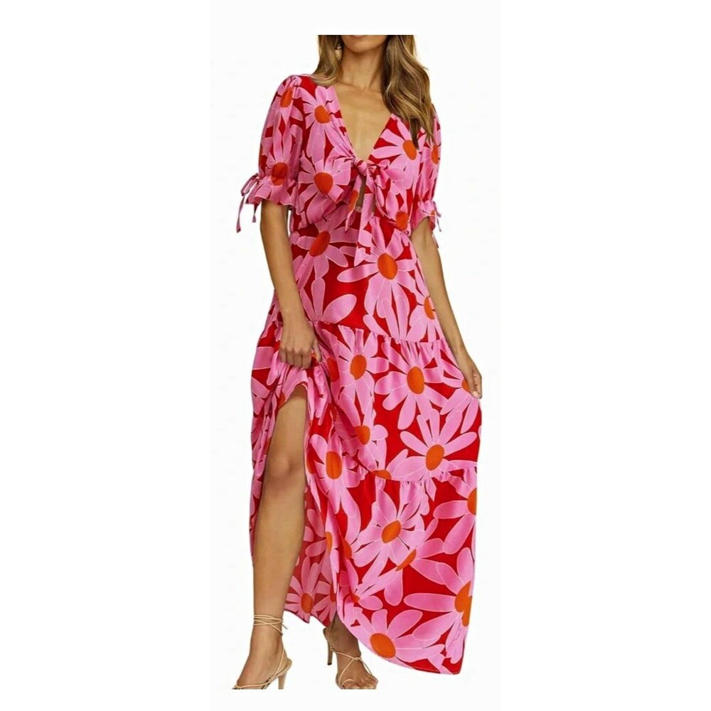 BTFBM Pink Orange Red Floral V-Neck Puff Sleeve Tie Waist Side Slit Midi M
